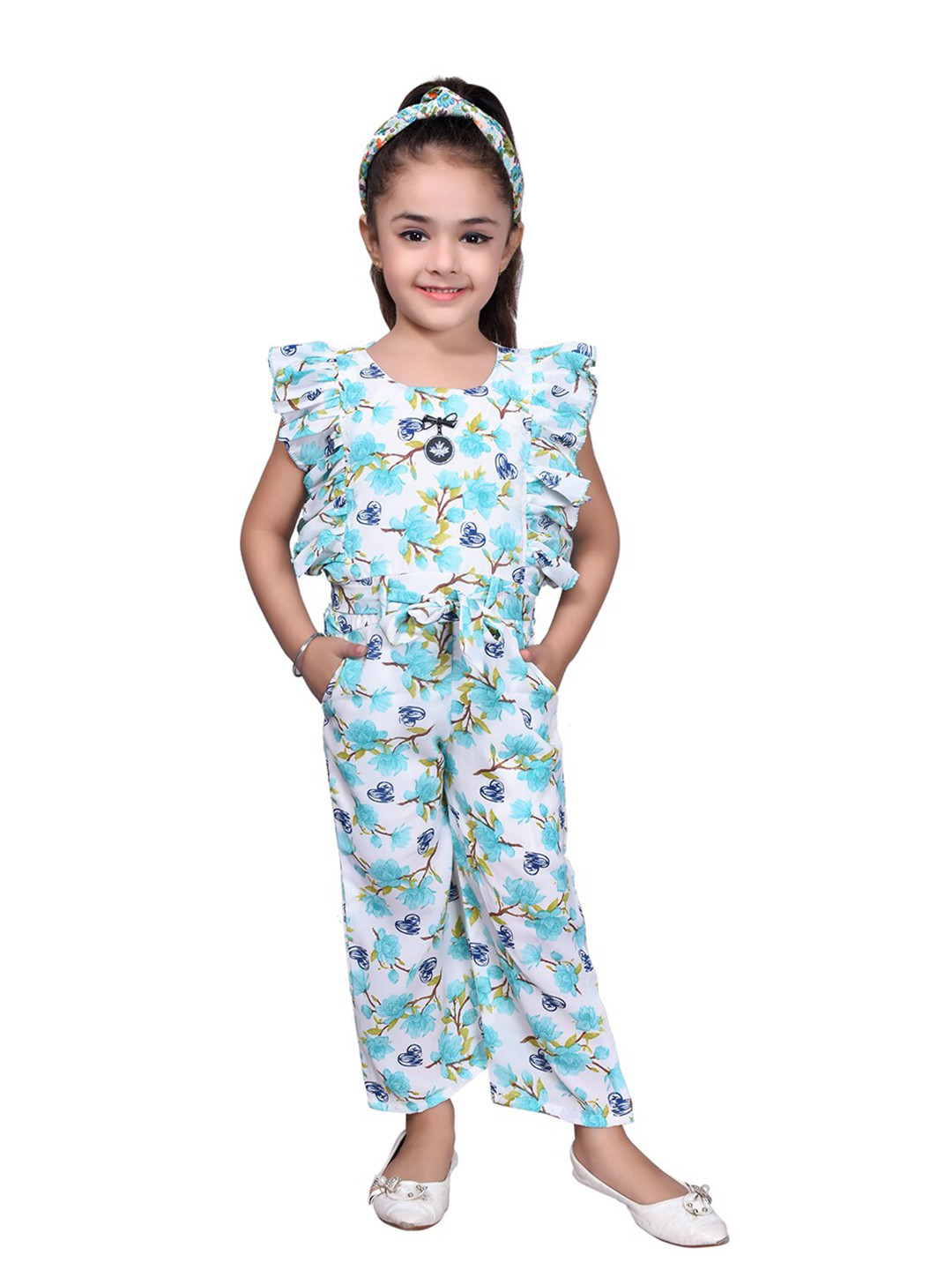 

SKY HEIGHTS Girls White & Blue Printed Basic Jumpsuit