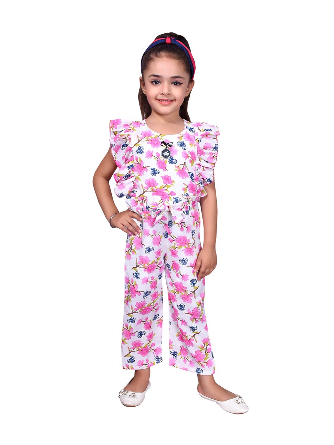 

SKY HEIGHTS Girls Pink Floral Printed Jumpsuit, White