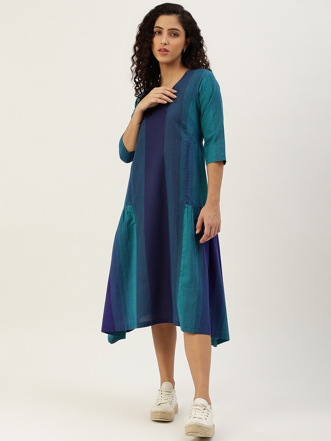 

Lokatita Blue Striped A-Line Panelled Midi Dress