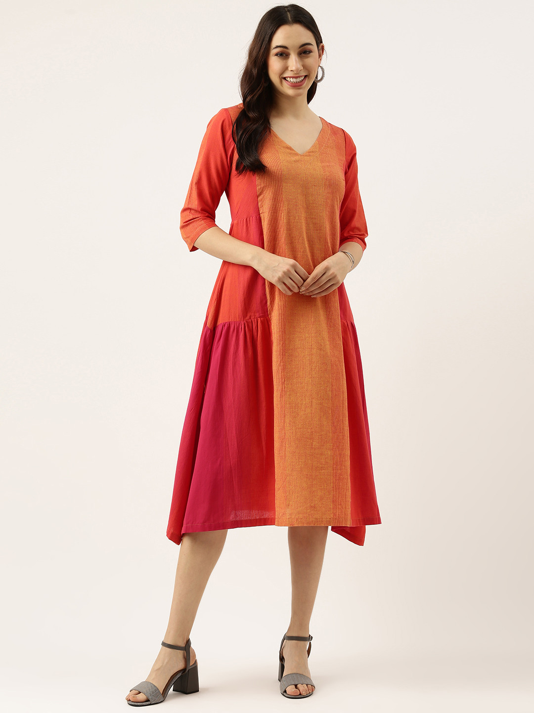 

Lokatita Magenta & Yellow Colourblocked A-Line Midi Dress