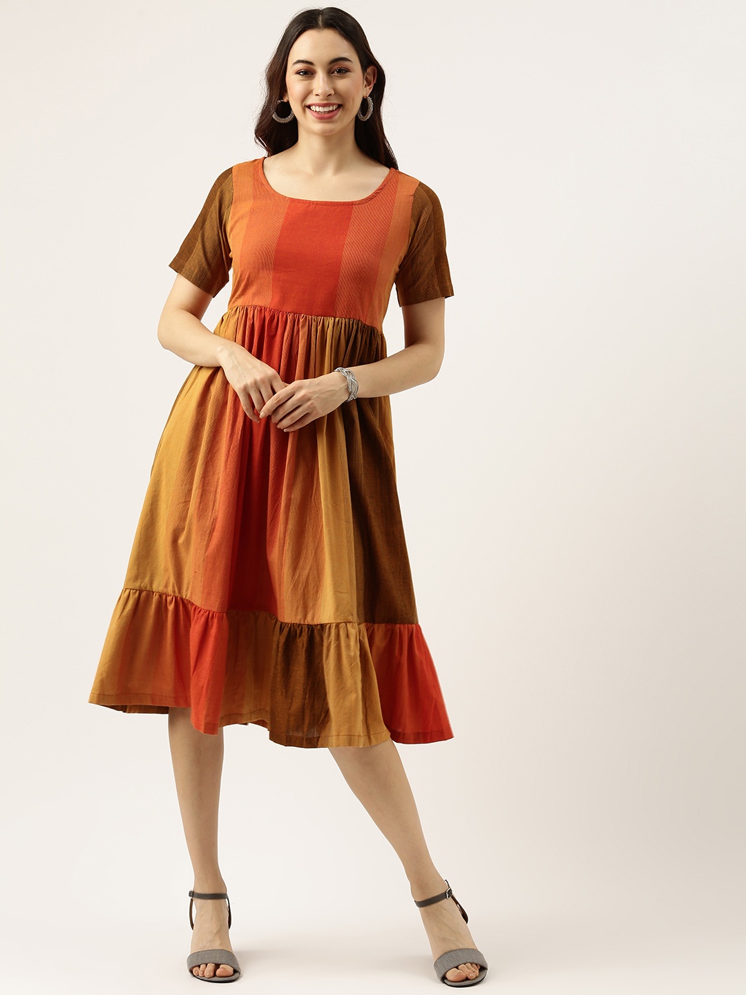 

Lokatita Orange & Brown Striped A-Line Midi Dress