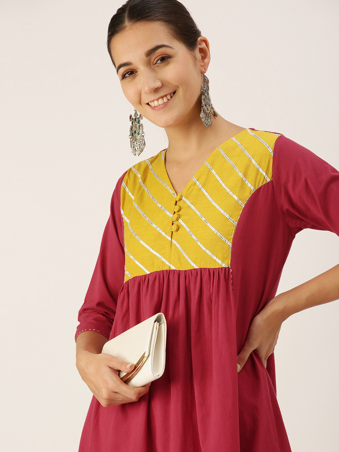 

Lokatita Women Red & Mustard Yellow Cotton Embroidered Gotta Patti Kurta
