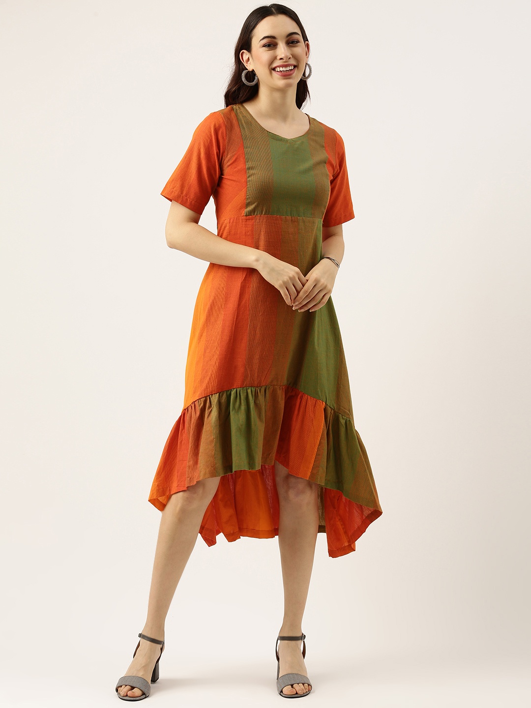 

Lokatita Orange & Green Striped Pure Cotton Midi Dress