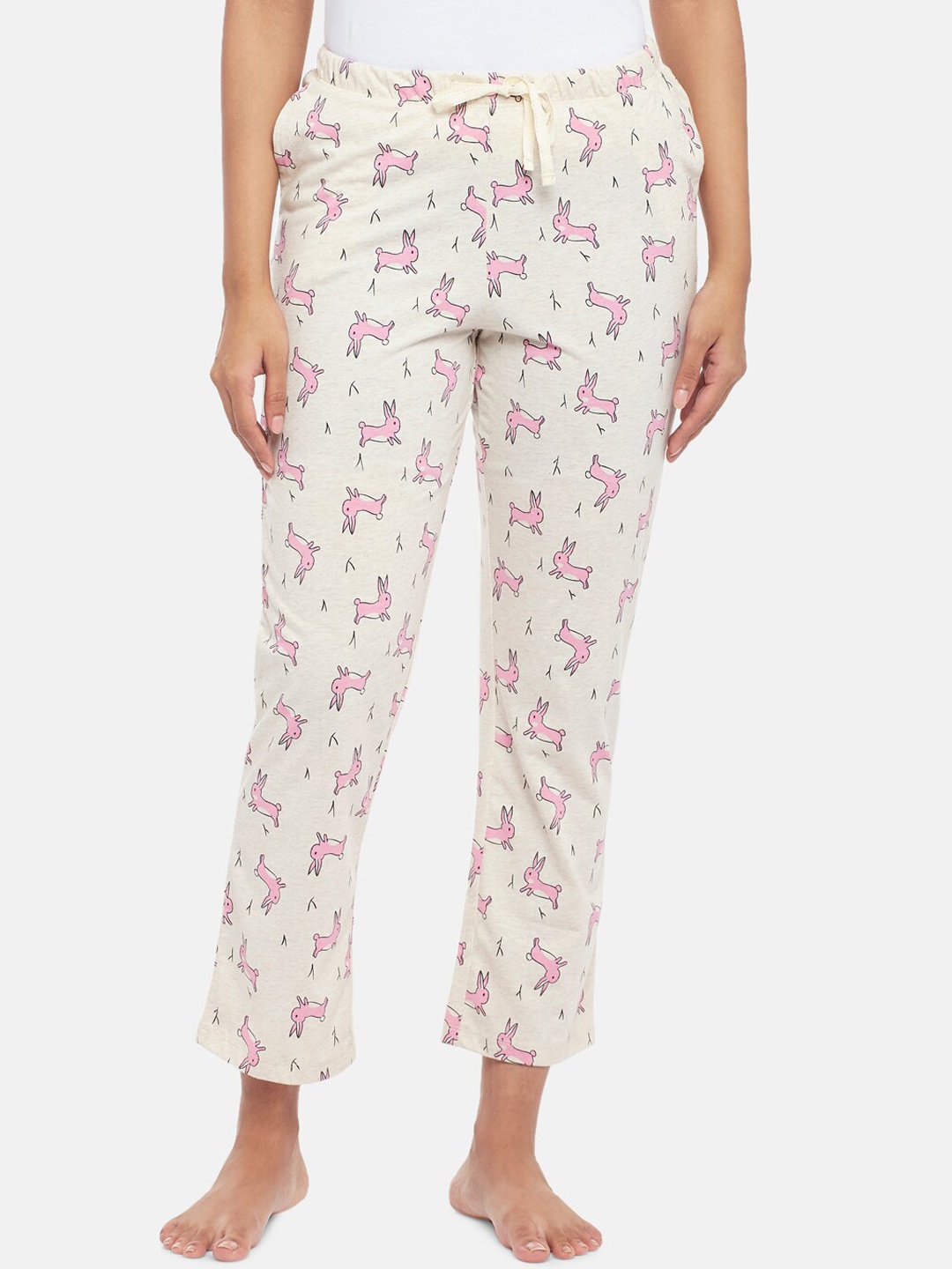 

Dreamz by Pantaloons Women Cream-Coloured & Pink Printed Pure Cotton Lounge Pants