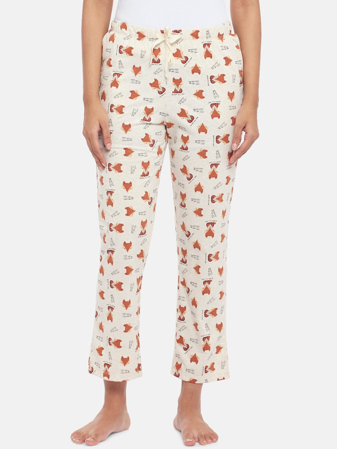 

Dreamz by Pantaloons Women Cream-Coloured & Brown Printed Pure Cotton Lounge Pants