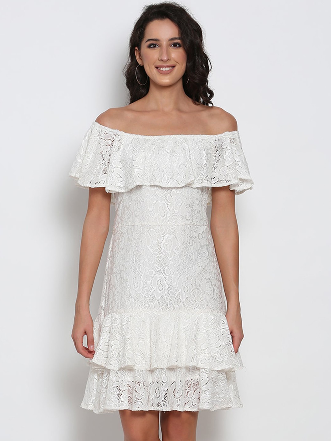 

MARC LOUIS Women White Off-Shoulder Net A-Line Dress