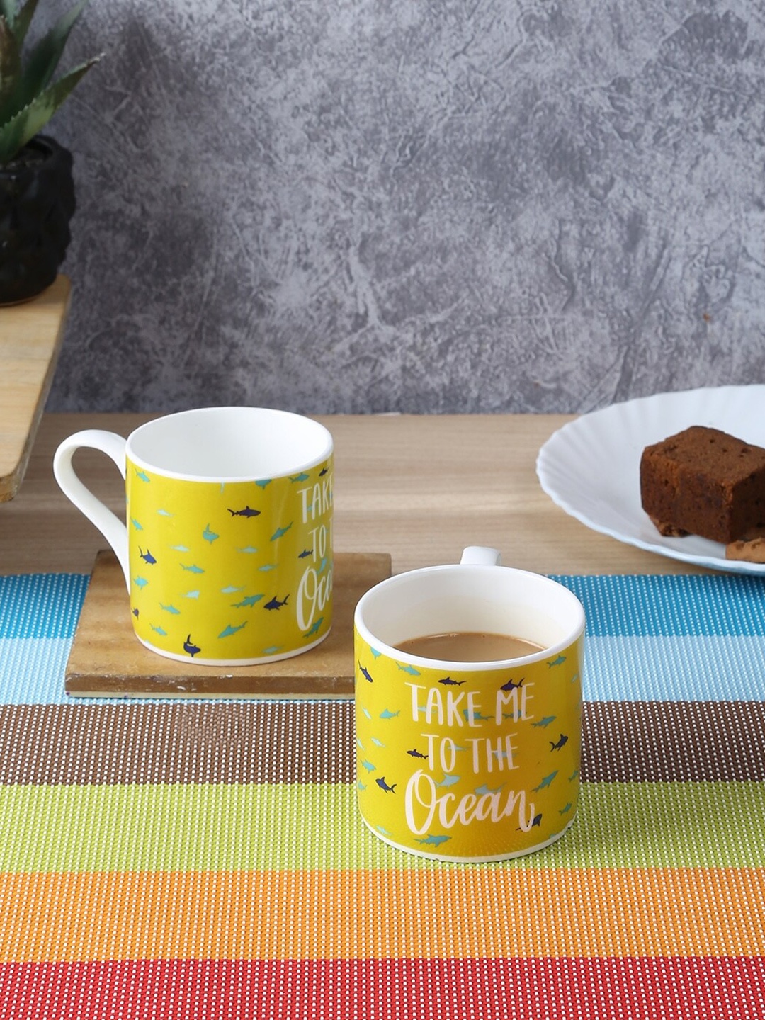 

HomeTown Yellow & White Printed Bone China Glossy Mugs Set of Cups and Mugs