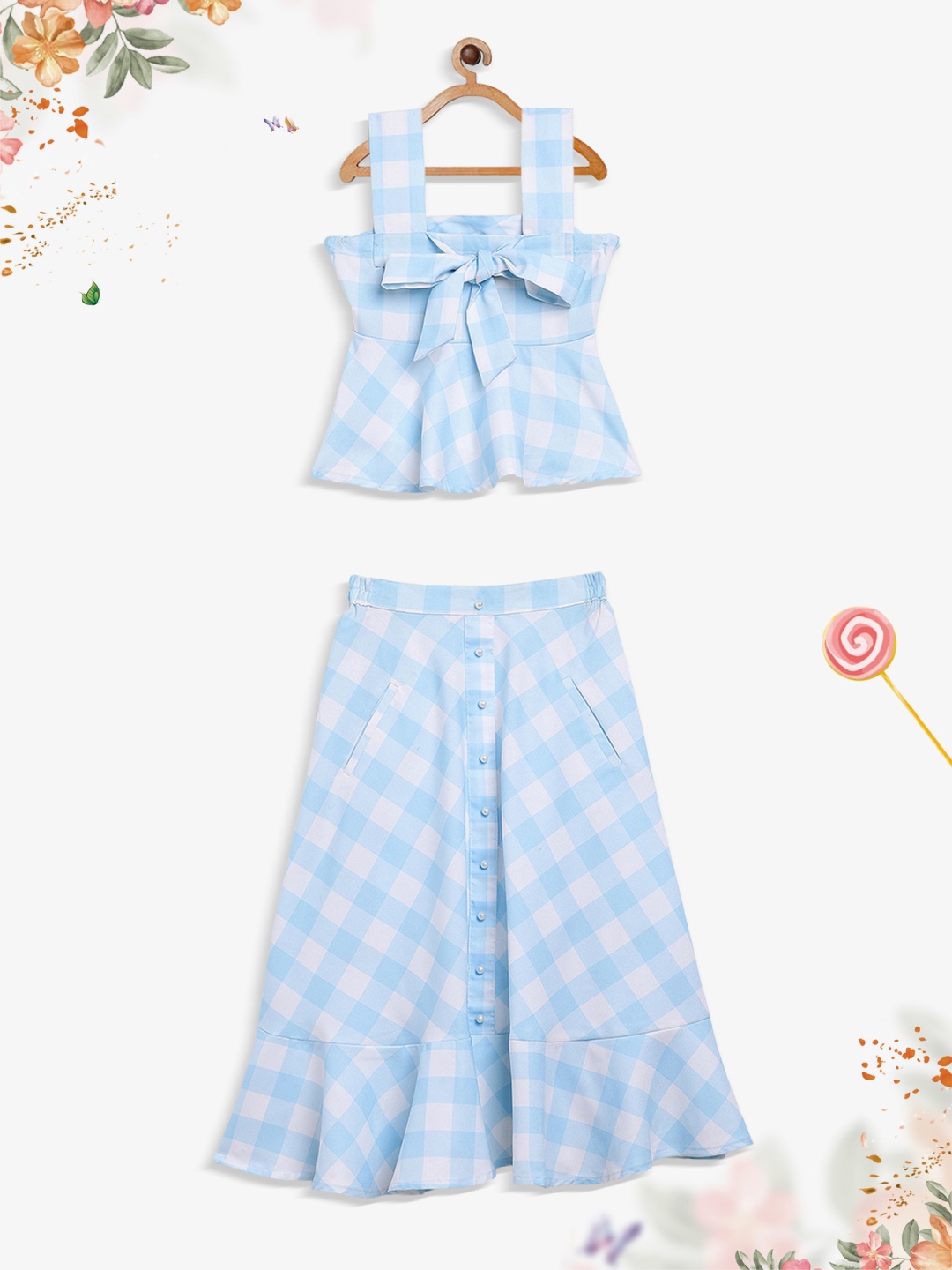 

Ahalyaa Girls Blue & White Checked Regular Top With Skirt