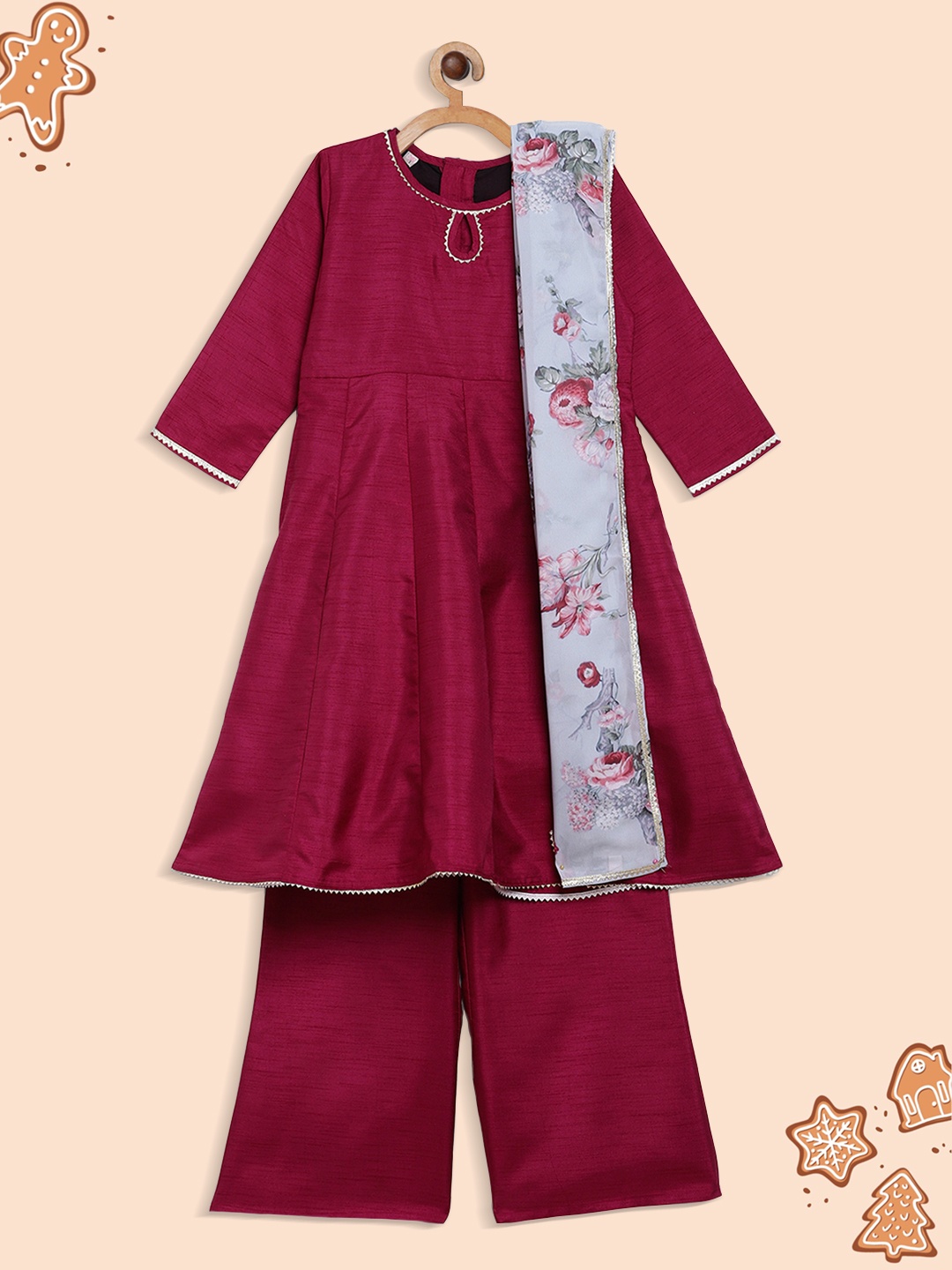 

Ahalyaa Girls Maroon Pleated Gotta Patti Kurta with Palazzos