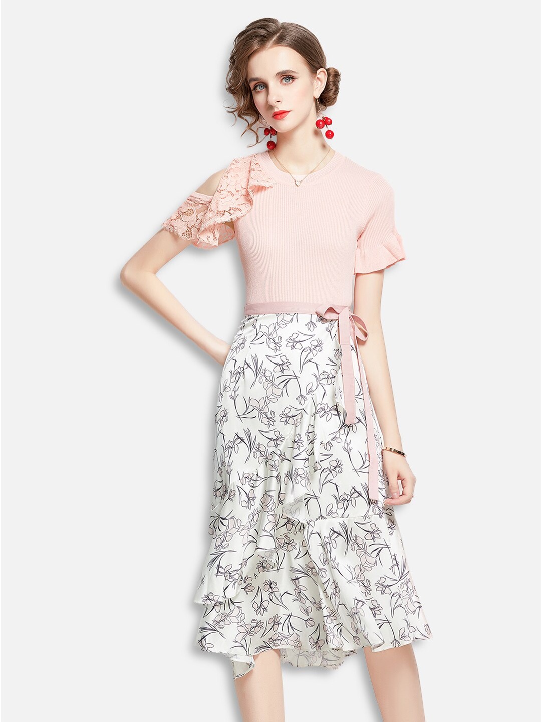 

JC Collection Women Pink & White Solid Top with Skirt