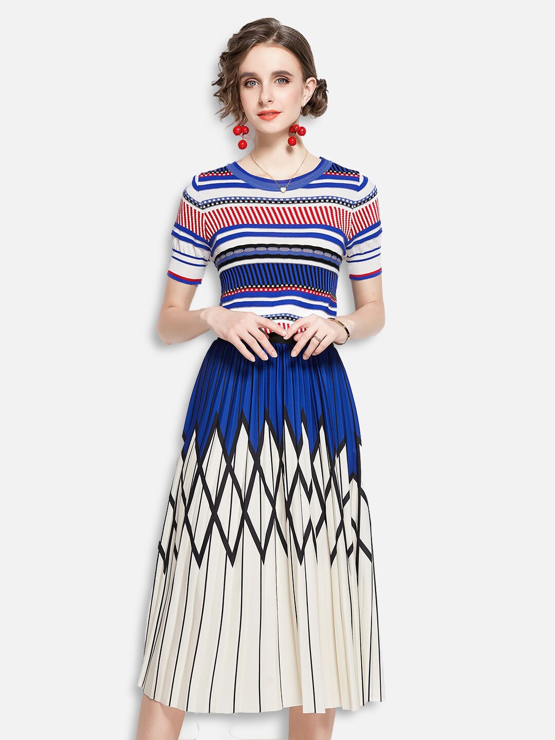 

JC Collection Women Blue & White Striped Top with Skirt