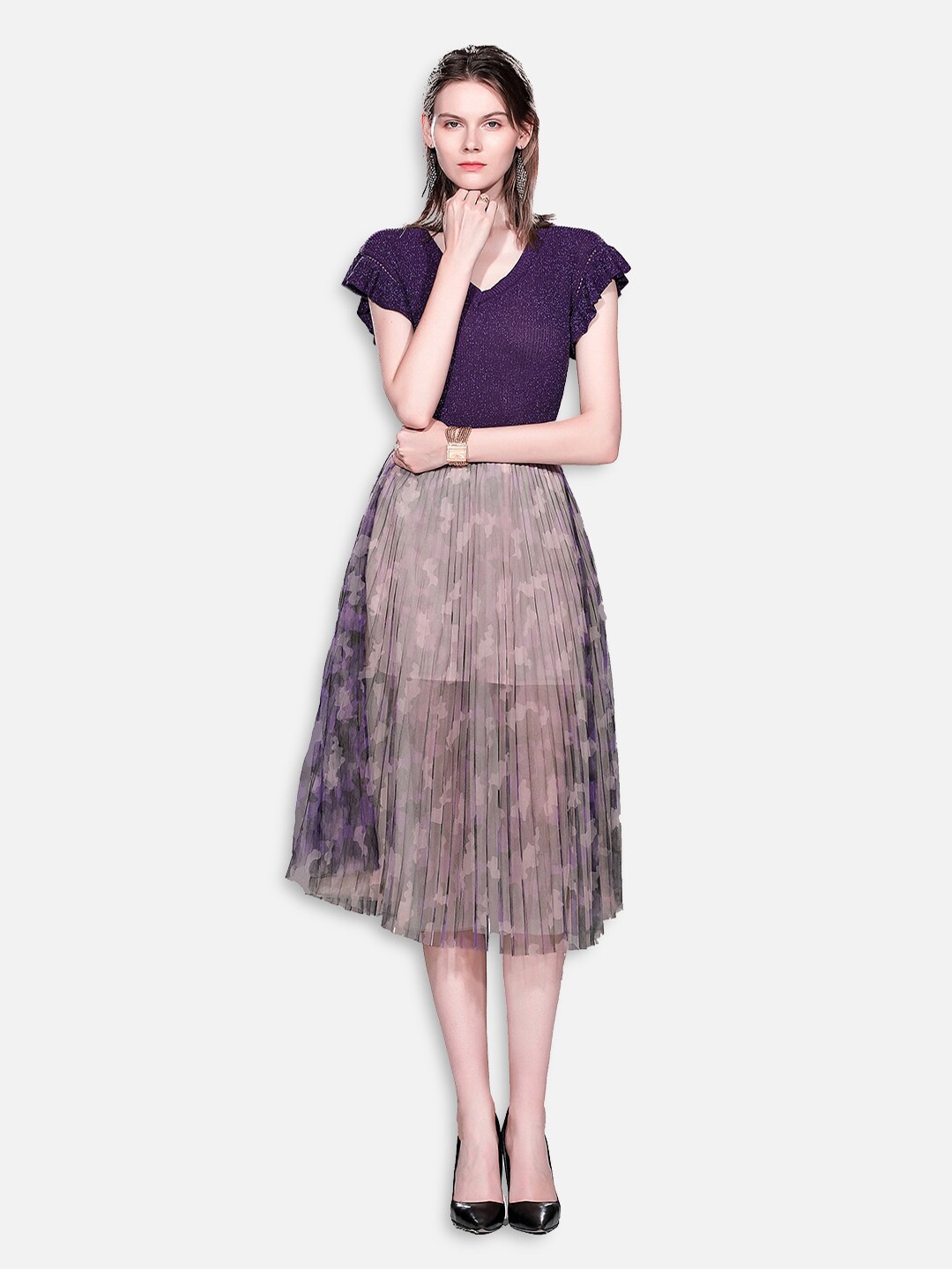 

JC Collection Women Purple & Peach-Coloured Embellished Top With Skirt