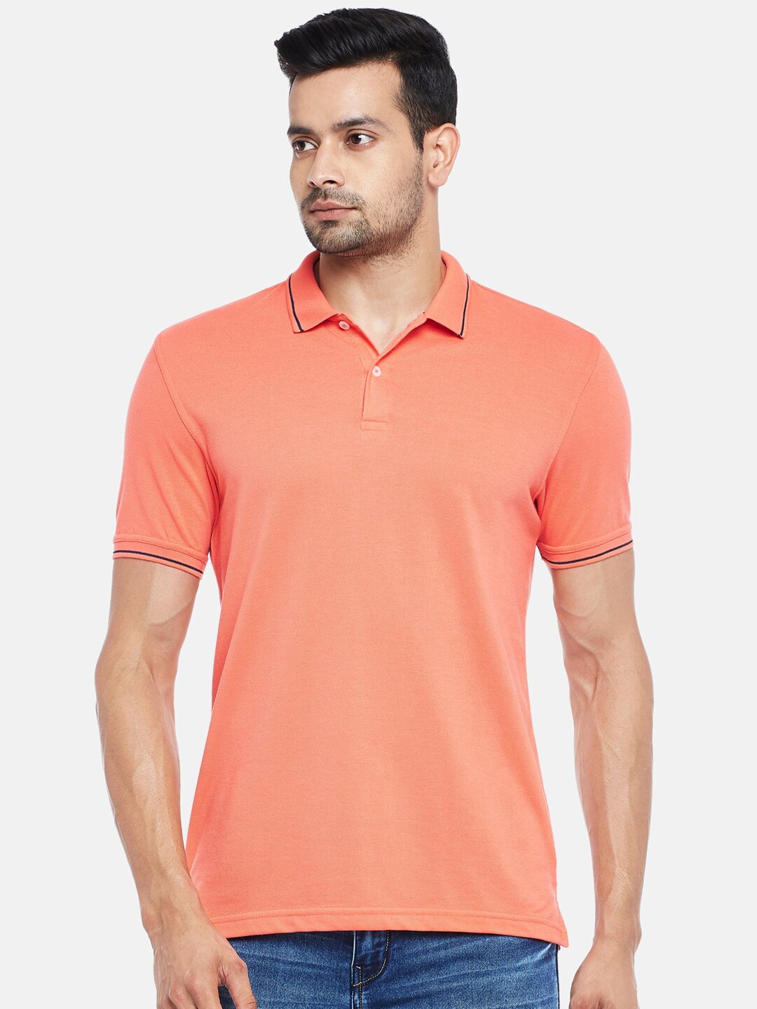 

BYFORD by Pantaloons Men Peach-Coloured Pure Cotton Polo Collar Pure Cotton T-shirt