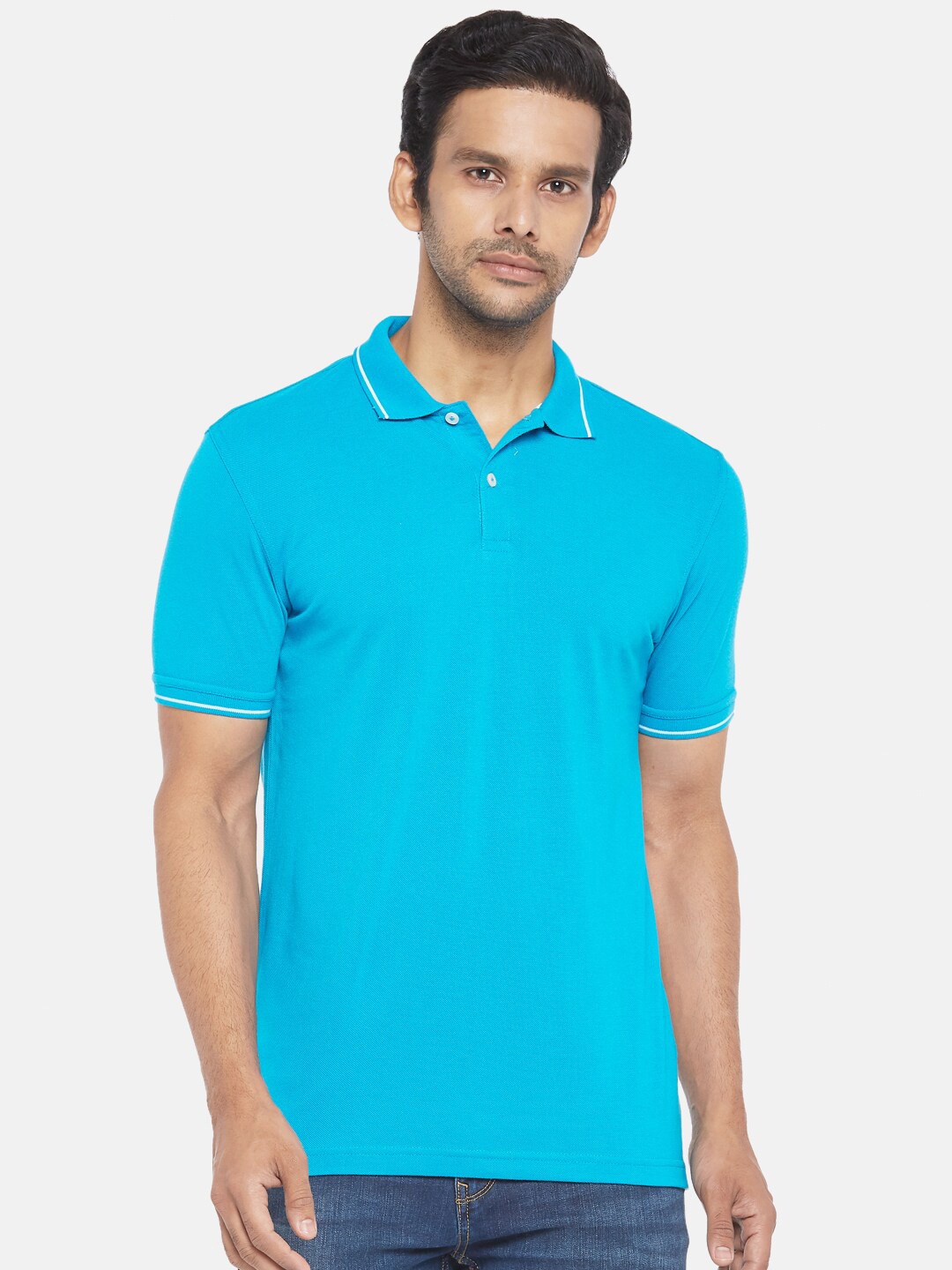 

BYFORD by Pantaloons Men Blue Pure Cotton Polo Collar Pure Cotton T-shirt