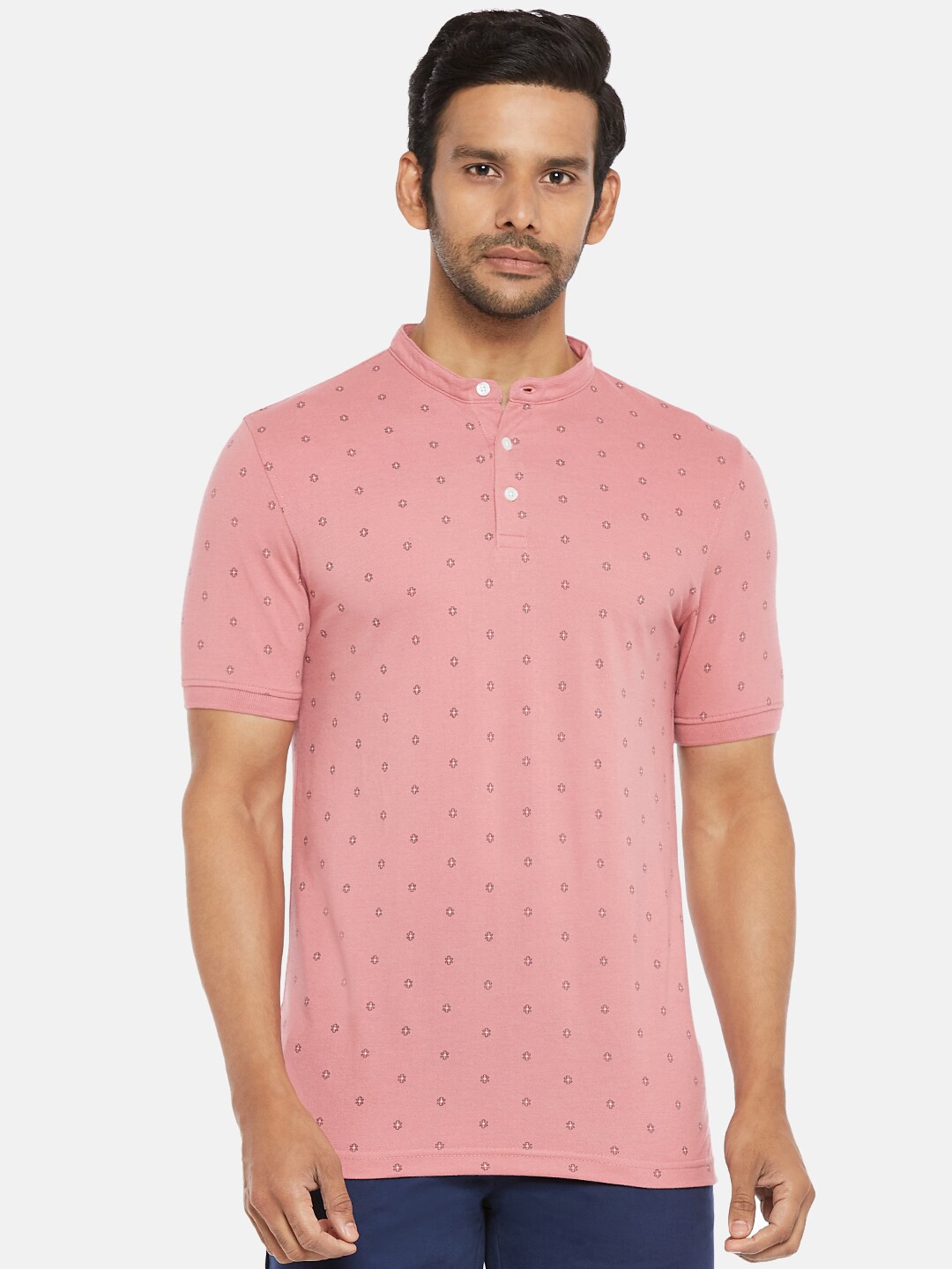 

BYFORD by Pantaloons Men Pink Printed Henley Neck Slim Fit T-shirt