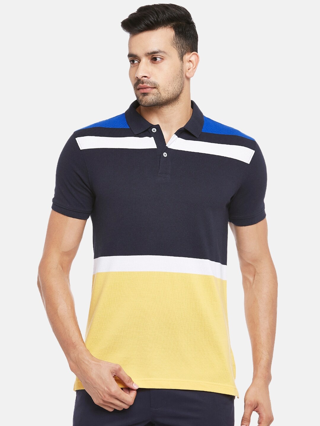 

BYFORD by Pantaloons Men Blue & Yellow Colourblocked Polo Collar Slim Fit T-shirt