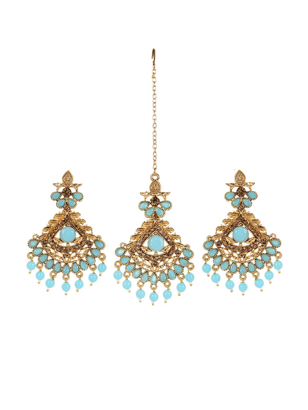 

ANIKAS CREATION Turquoise Blue & Gold Plated Floral Kundan Pearl Maangtika & Earring Set