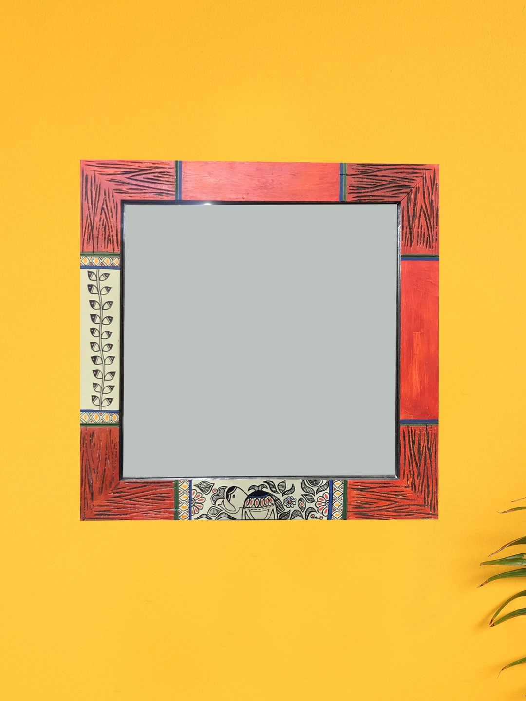 

AAKRITI ART CREATIONS Brown & Black Madhubani Printed Wooden Wall Mirror