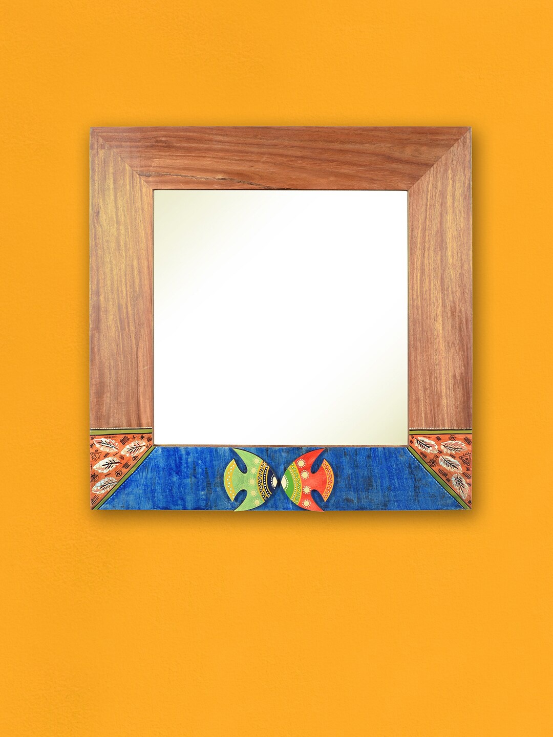 

AAKRITI ART CREATIONS Brown & Blue Printed Wooden Wall Mirror