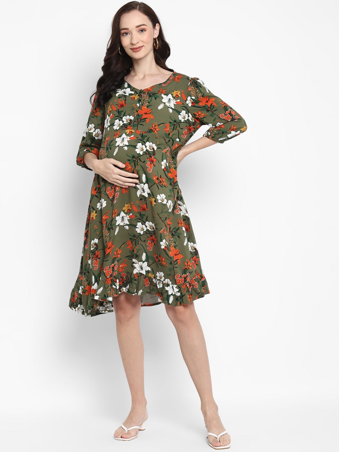 

Momsoon Maternity Olive Green Floral A-Line Dress