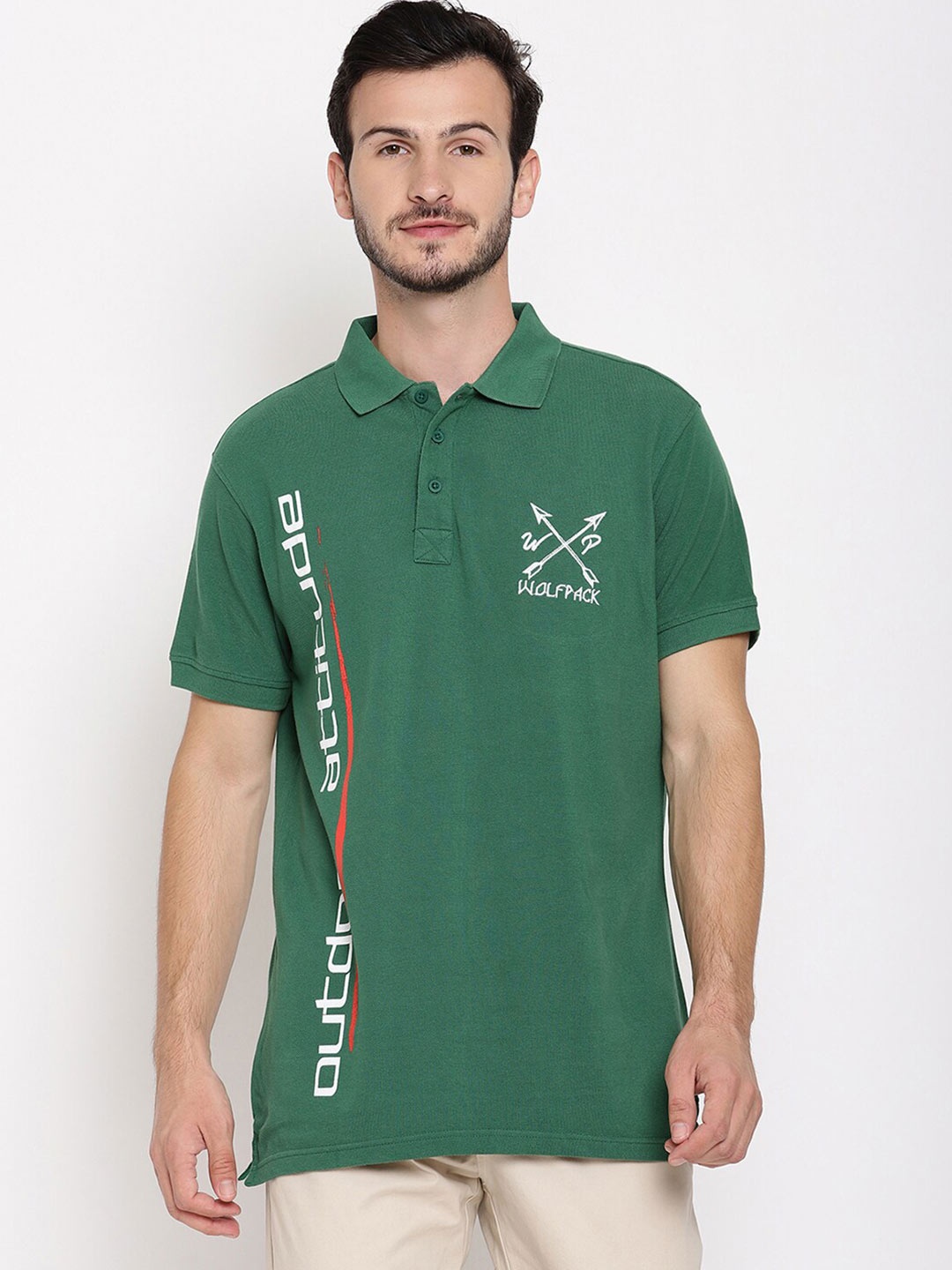 

Wolfpack Men Green Typography Printed Cotton Polo Collar T-shirt