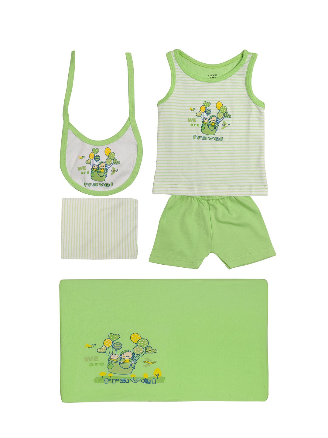 

TINY HUG Boys Green & White Printed T-shirt with Shorts