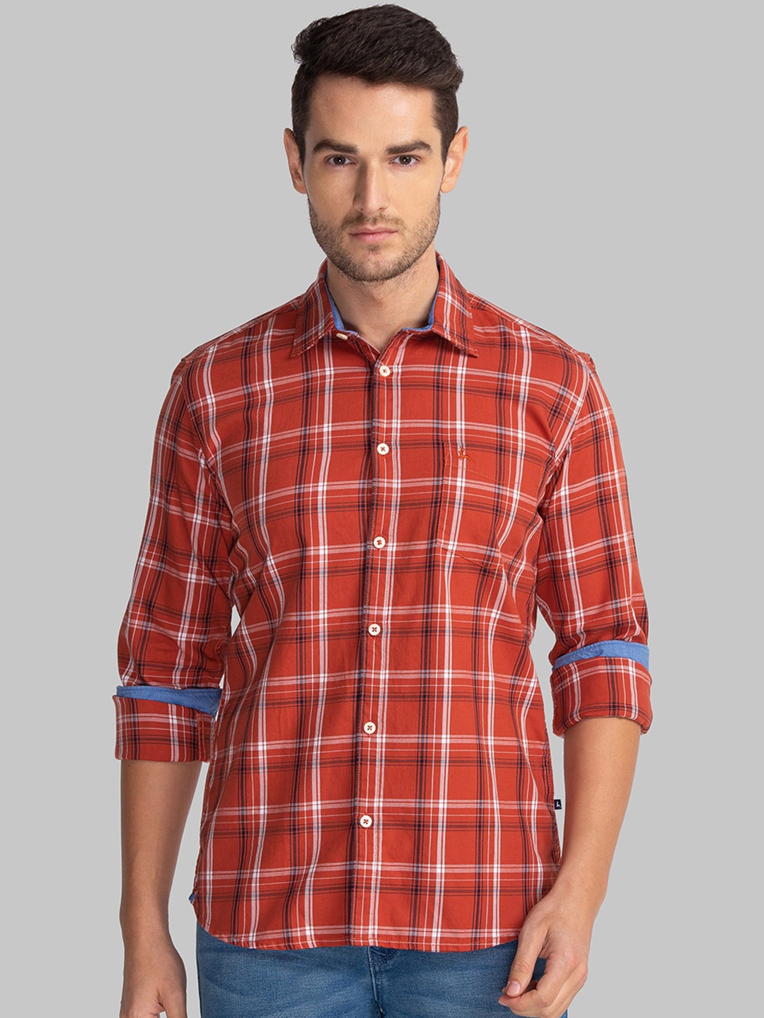 

Parx Men Orange Slim Fit Tartan Checks Opaque Checked Casual Shirt