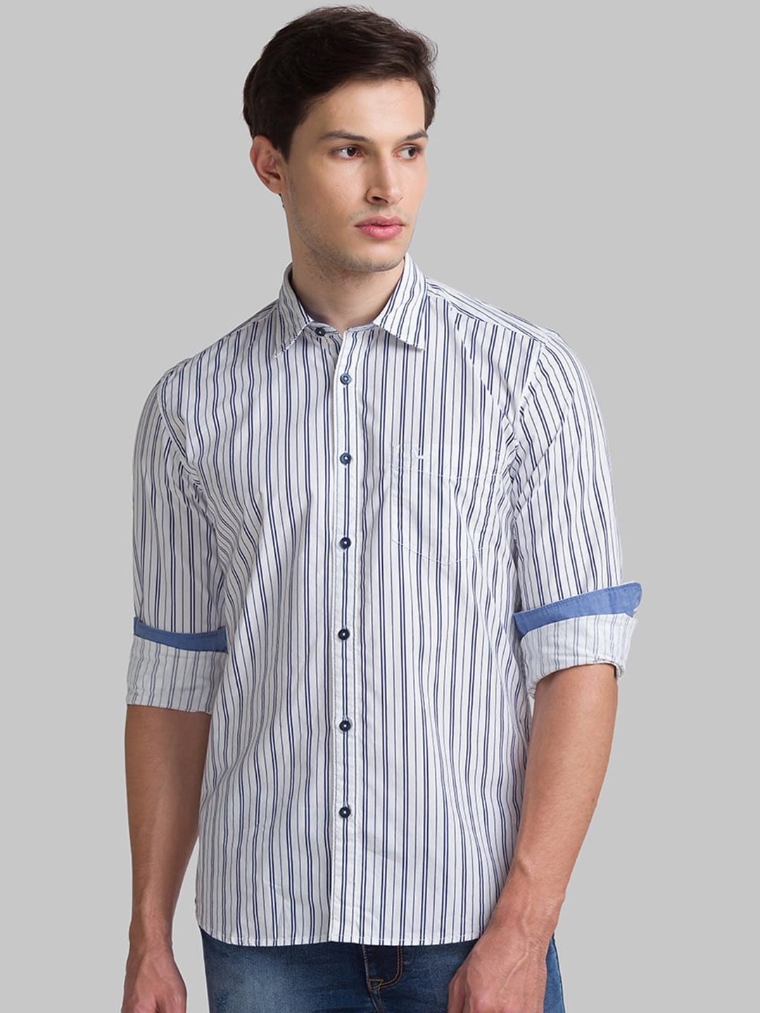 

Parx Men Blue Slim Fit Opaque Striped Casual Shirt
