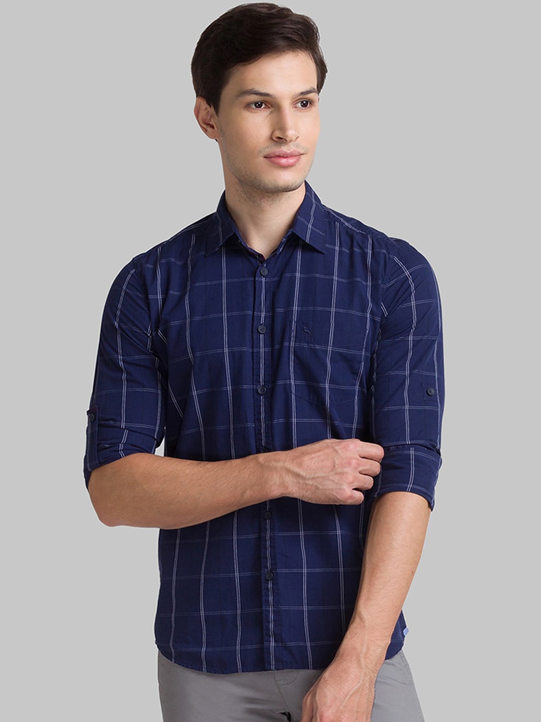

Parx Men Navy Blue Slim Fit Windowpane Checks Opaque Casual Cotton Shirt