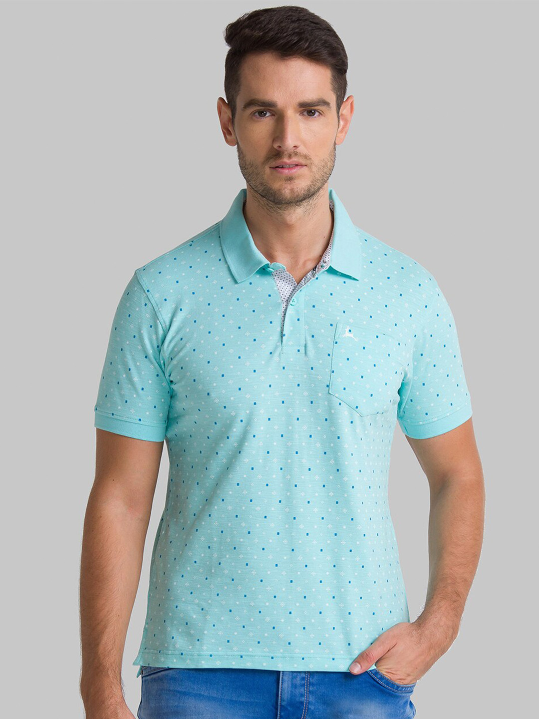 

Parx Men Blue Printed Polo Collar Pockets T-shirt