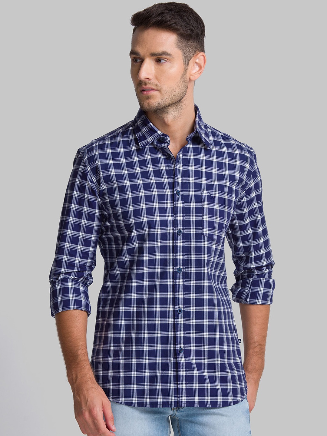 

Parx Men Navy Blue Slim Fit Opaque Checked Casual Shirt