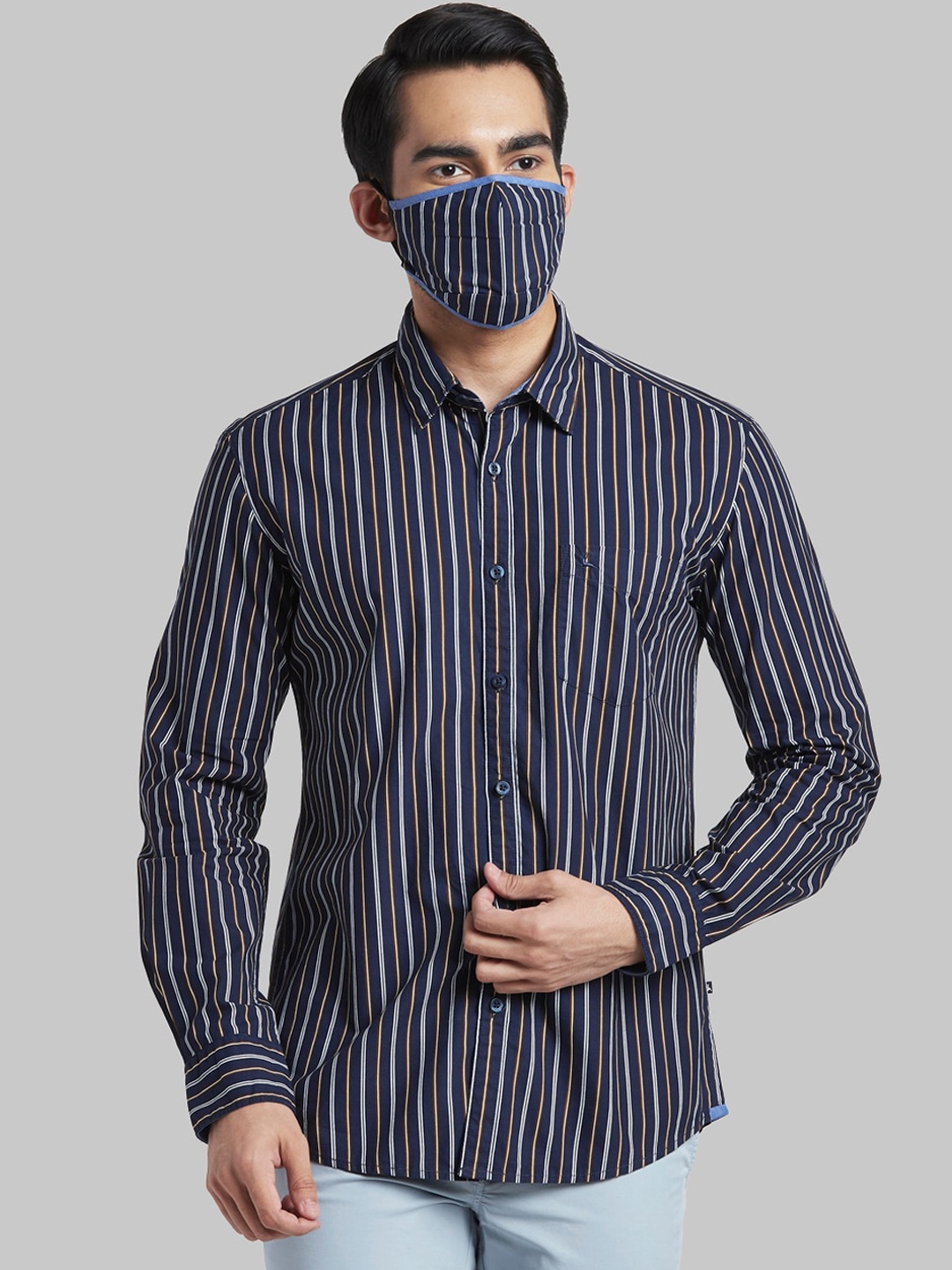 

Parx Men Blue Slim Fit Opaque Striped Casual Shirt