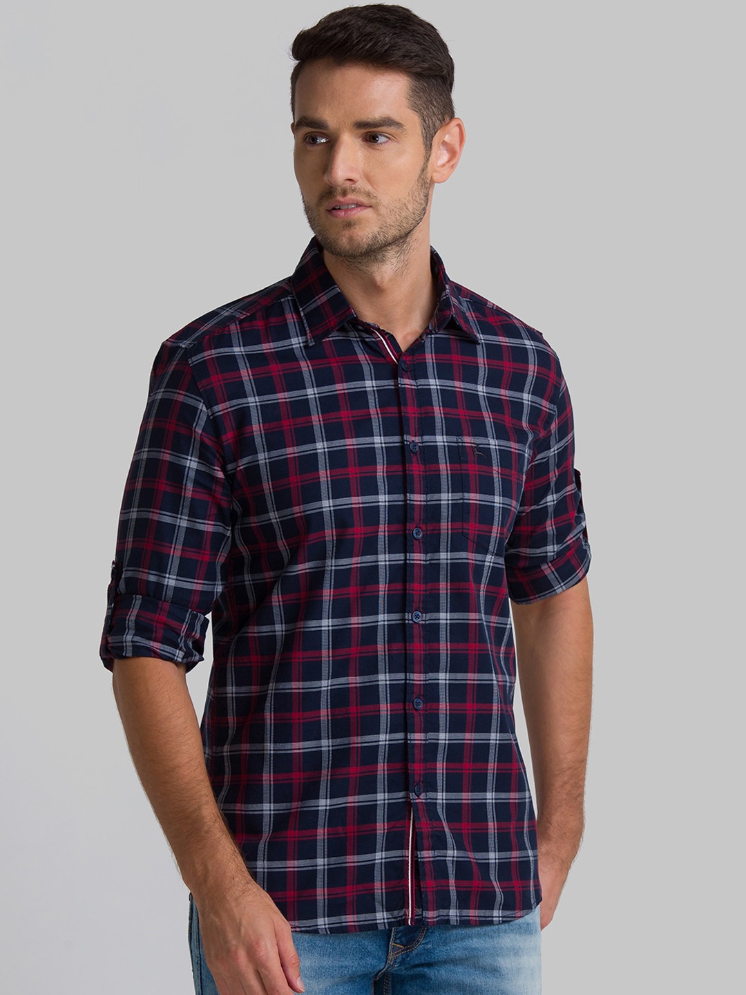 

Parx Men Blue Slim Fit Opaque Checked Casual Shirt