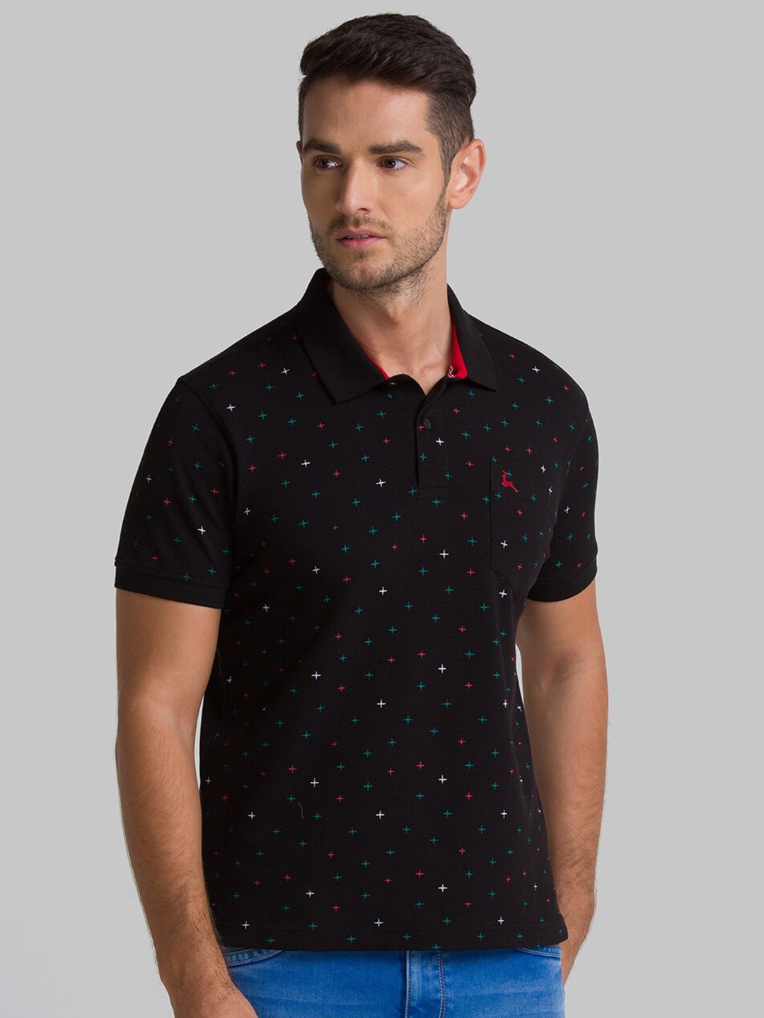 

Parx Men Black & Red Micro Ditsy Printed Polo Collar Pocket T-shirt