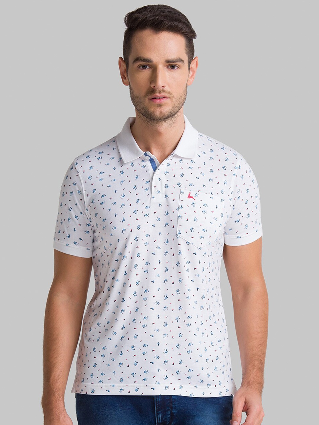

Parx Men White & Blue Printed Polo Collar T-shirt
