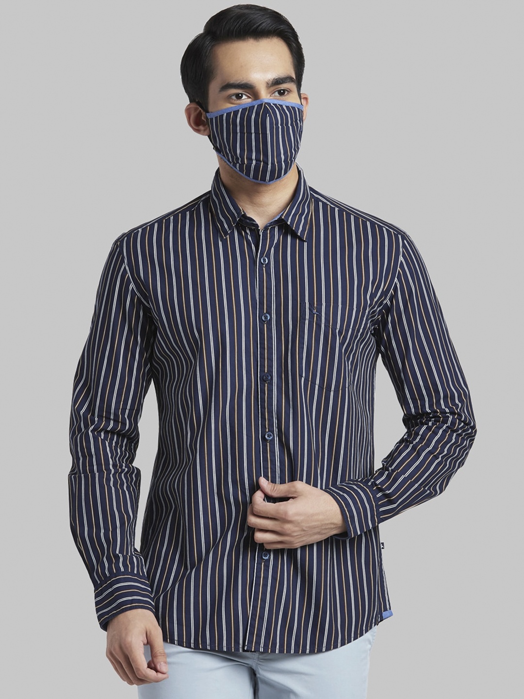 

Parx Men Navy Blue Slim Fit Opaque Striped Casual Shirt