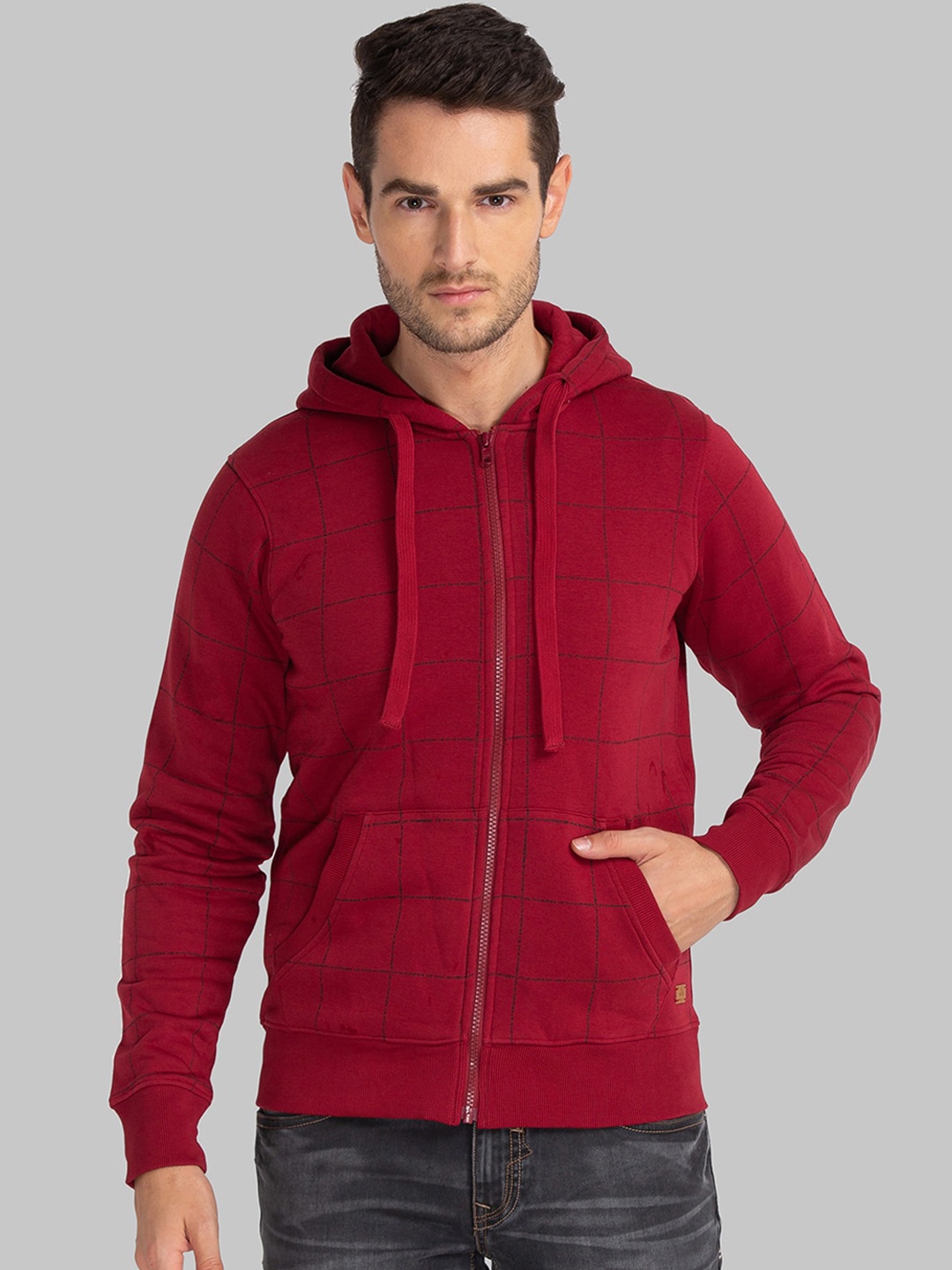

Parx Men Maroon Checked Cotton Hooded Sweatshirt