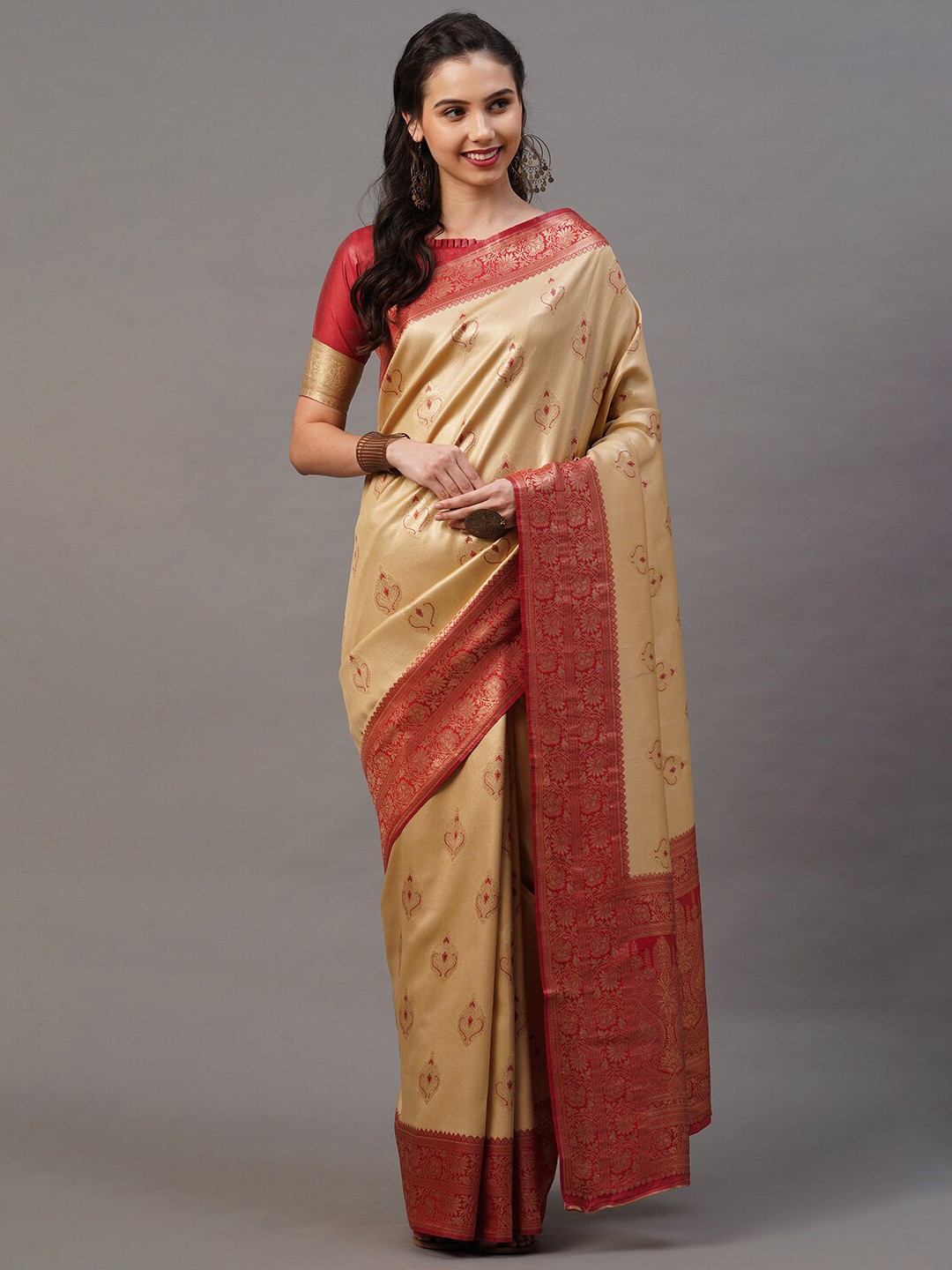 

Mitera Beige & Red Ethnic Motifs Silk Blend Banarasi Saree