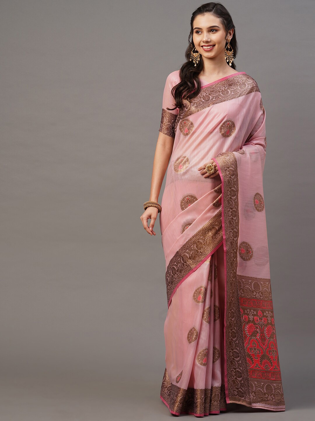 

Mitera Pink & Tan Ethnic Motifs Silk Blend Banarasi Saree