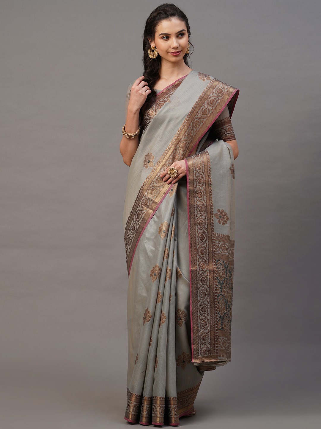 

Mitera Grey & Tan Ethnic Motifs Zari Silk Blend Banarasi Saree