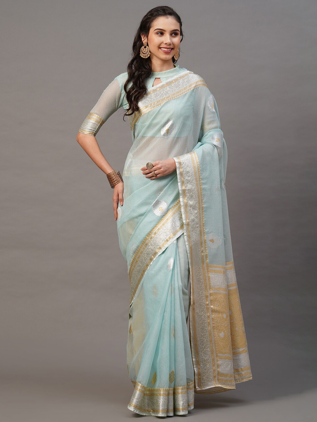 

Mitera Blue & Gold Ethnic Motifs Silk Blend Banarasi Saree