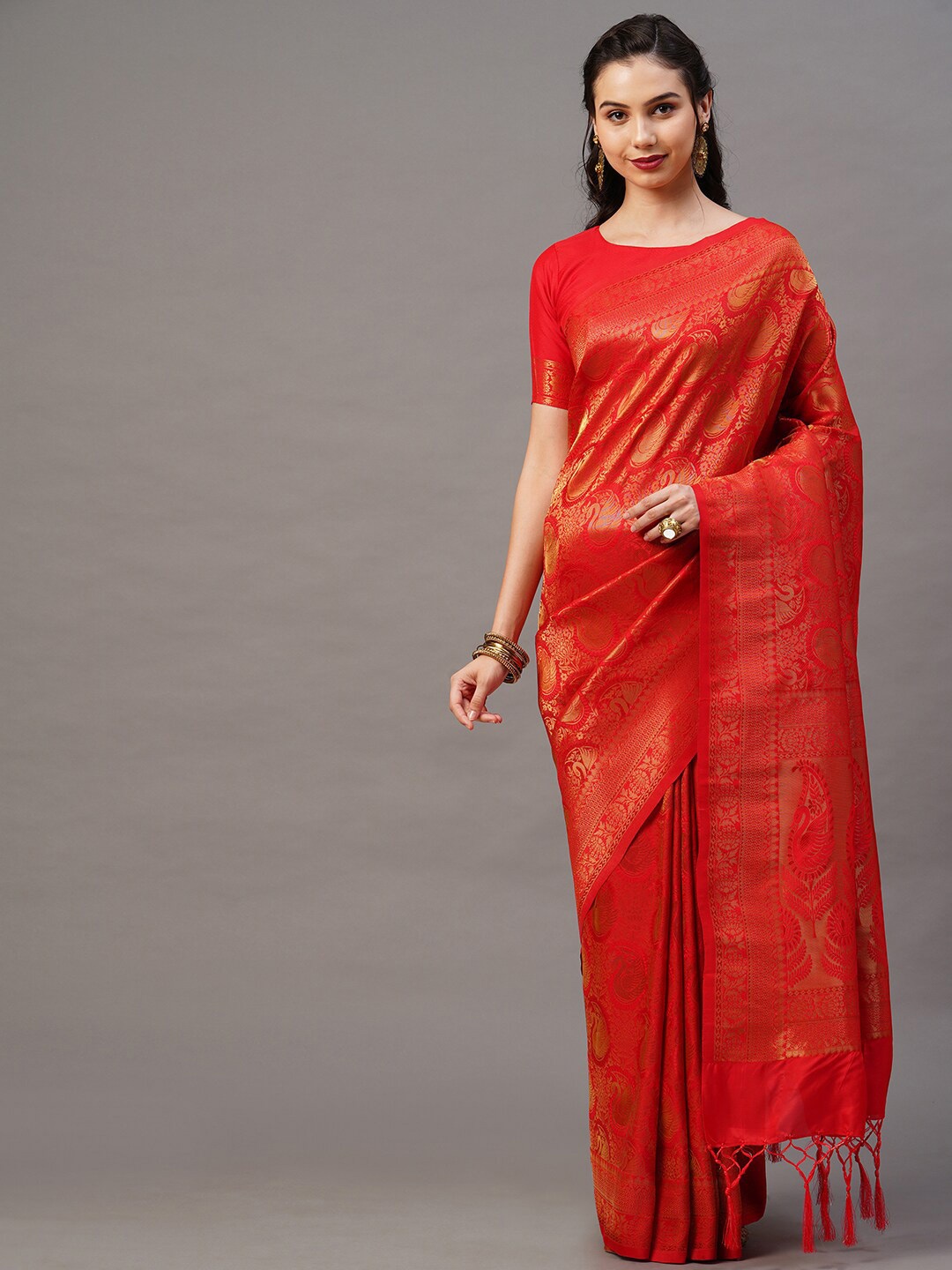 

Mitera Red & Gold Ethnic Motifs Silk Blend Banarasi Saree