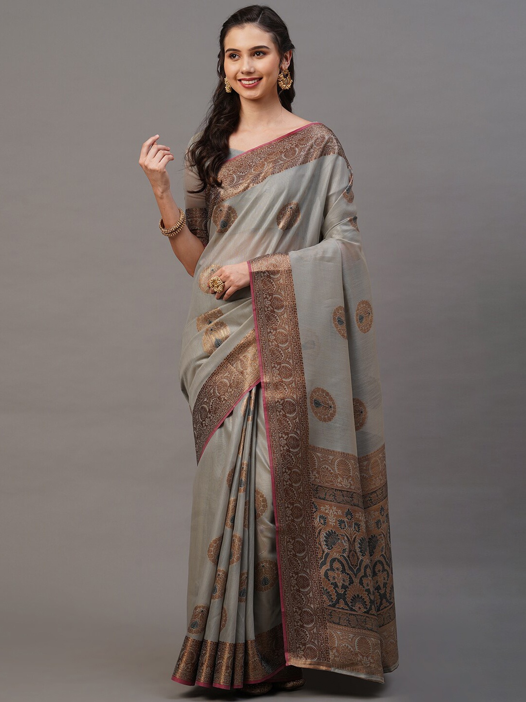 

Mitera Grey & Tan Ethnic Motifs Silk Blend Banarasi Saree