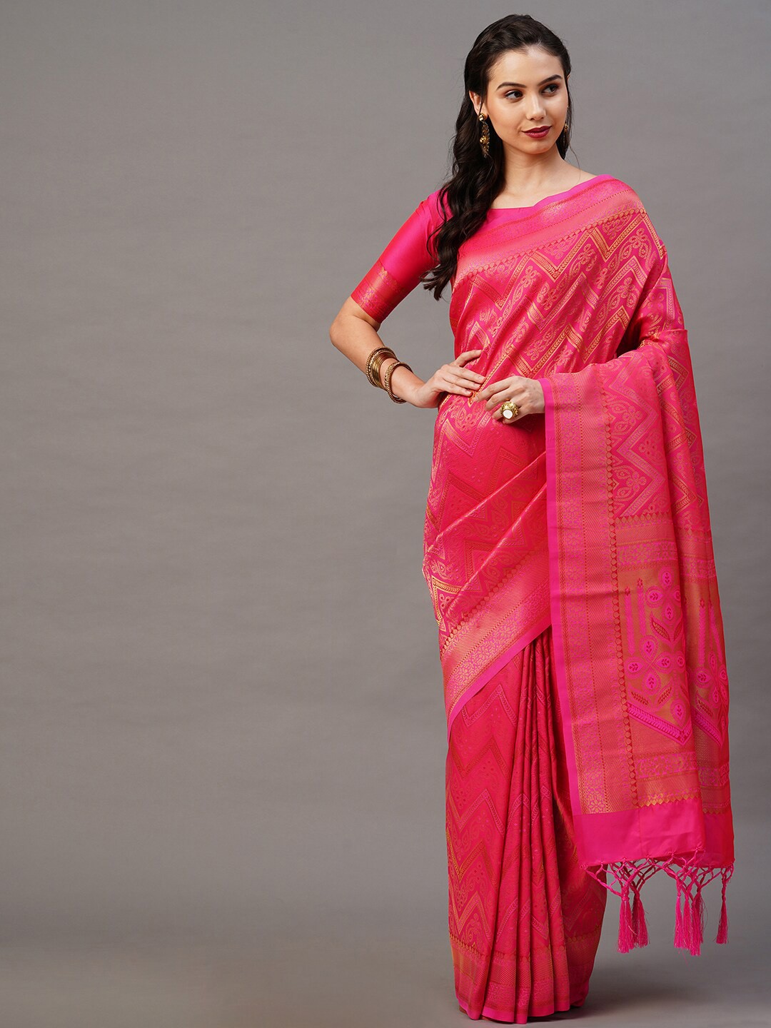 

Mitera Pink & Gold Ethnic Motifs Silk Blend Banarasi Saree