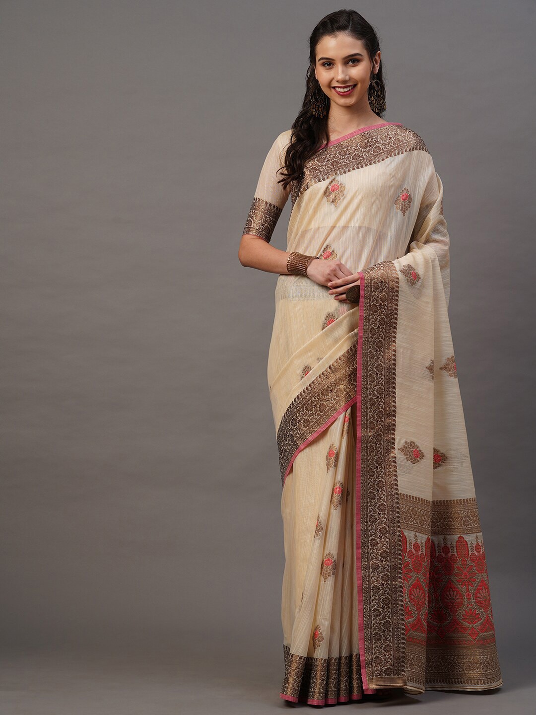 

Mitera Cream-Coloured & Pink Ethnic Motifs Silk Blend Banarasi Saree