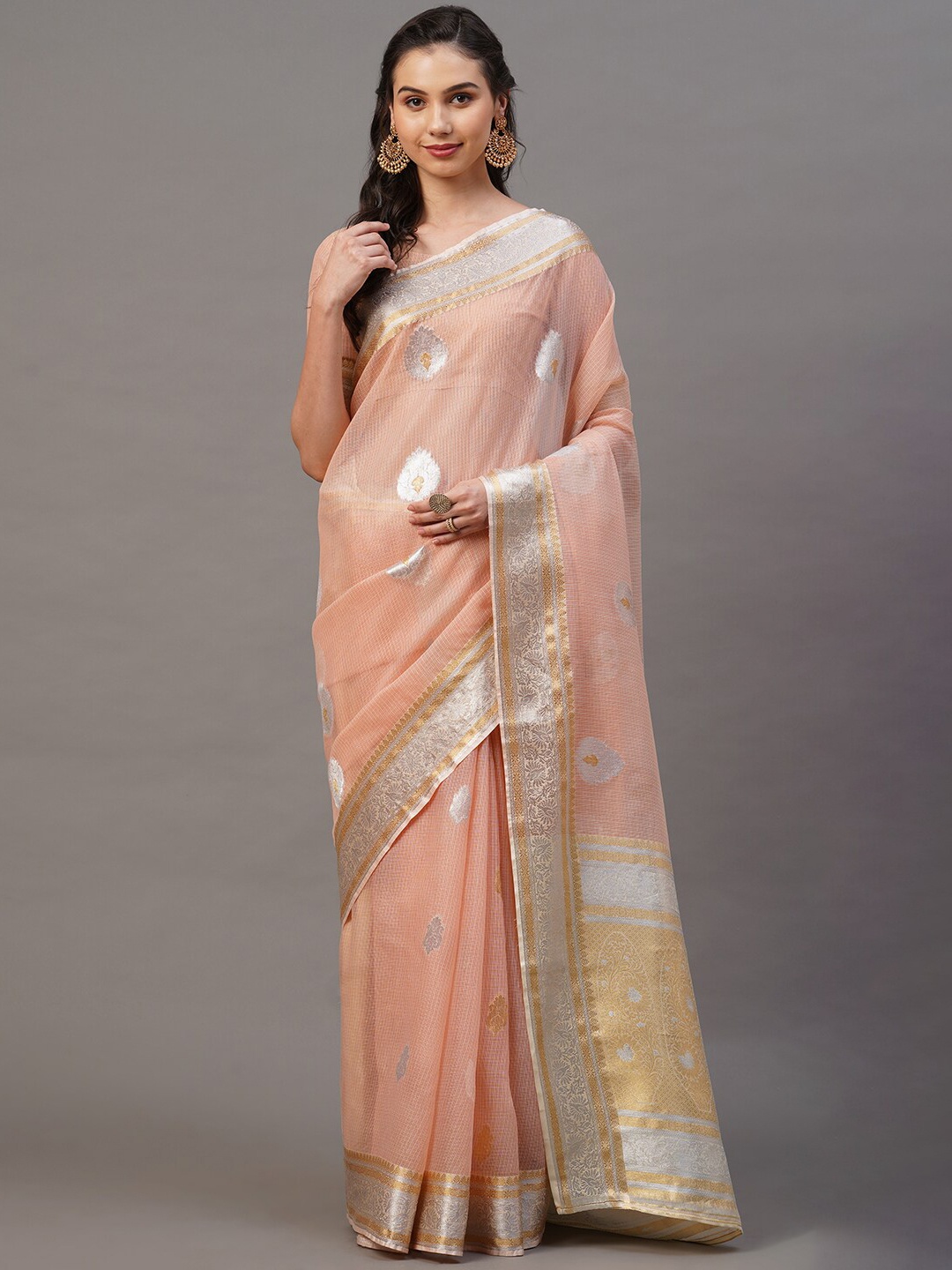 

Mitera Peach-Coloured & Silver Ethnic Motifs Silk Blend Banarasi Saree