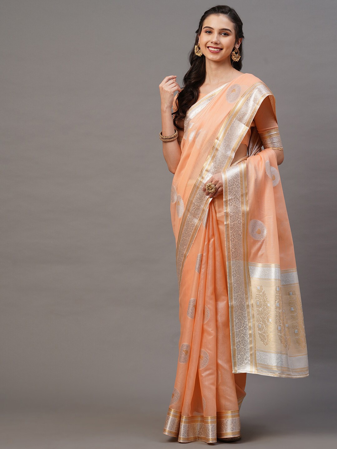 

Mitera Peach-Coloured & Silver Ethnic Motifs Silk Blend Banarasi Saree