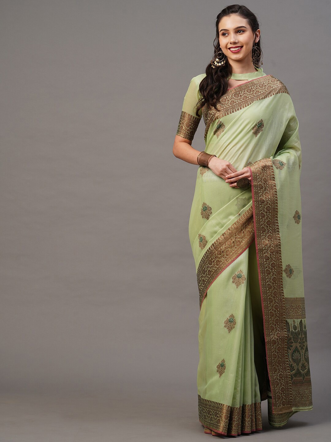 

Mitera Green & Brown Ethnic Motifs Silk Blend Banarasi Saree