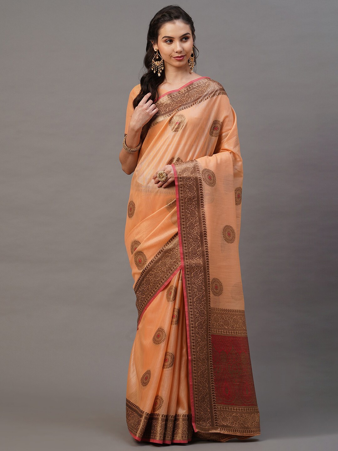 

Mitera Peach-Coloured & Red Ethnic Motifs Silk Blend Banarasi Saree