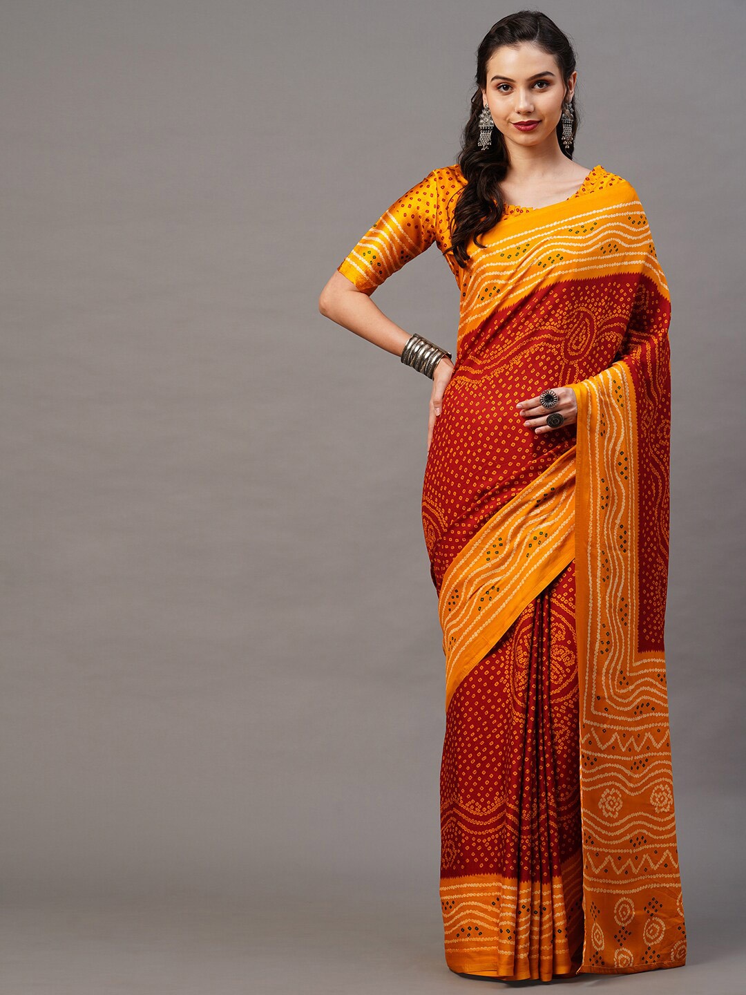 

Mitera Red & Yellow Bandhani Saree